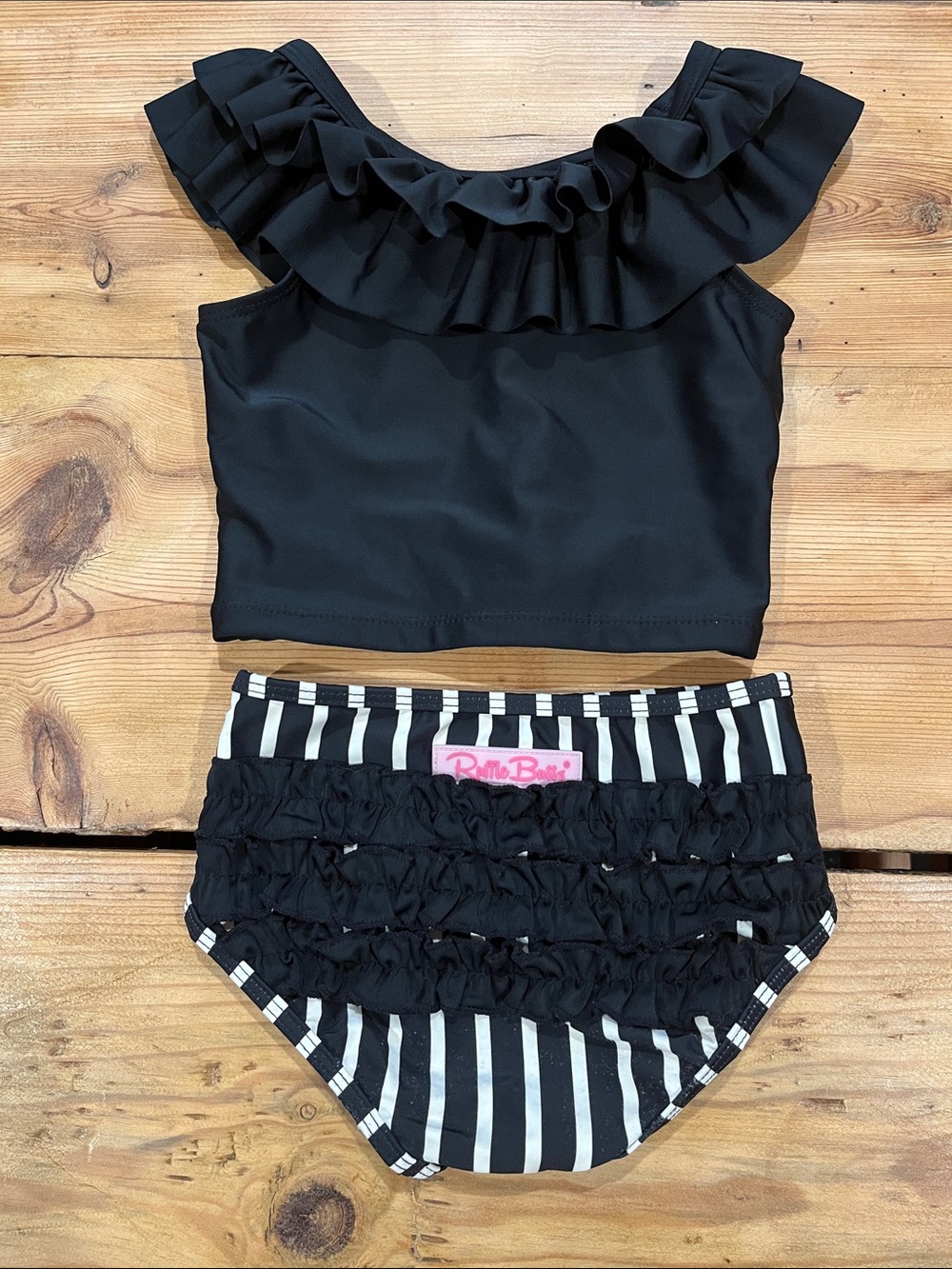 Set/2 RUFFLE BUTTS 4T Black Stripe Ruffed Bum Swim Set